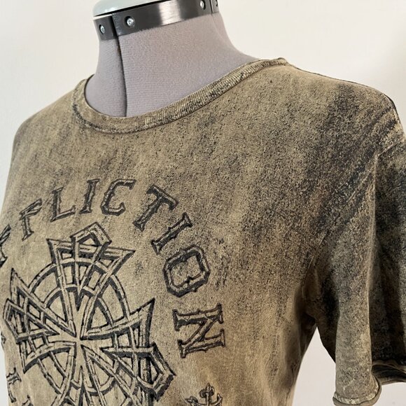 Affliction Battlefront Live Fast Sz S Iron Cross Military Green Wash Tee Shirt - Picture 7 of 8